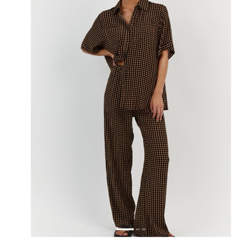 DISSH Mila Caramel Set Black Brown Diamond Print Shirt and Wide Leg Pants US 4